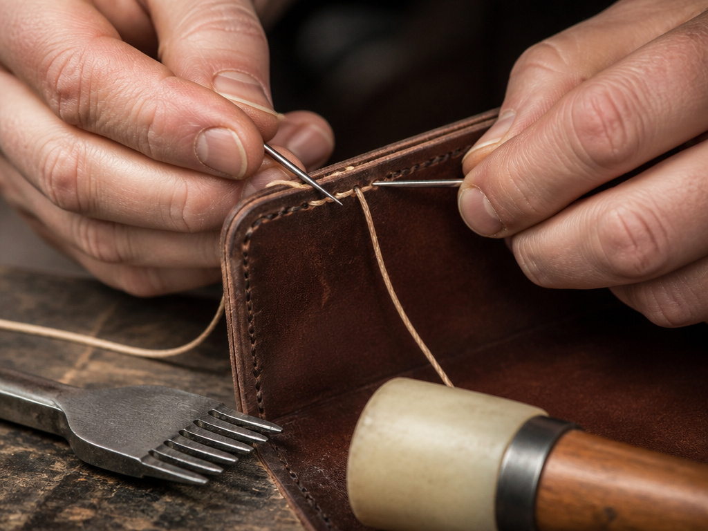 Close-up of hands saddle stitching a leather journal cover with two needles.