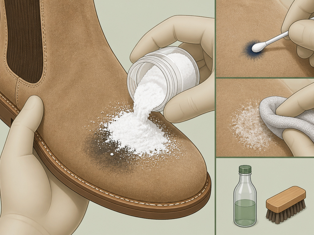 Close-up cartoon of cleaning grease, salt, and ink stains from suede footwear.