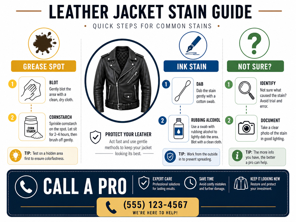 Leather jacket stain guide infographic for grease, ink, and unknown stains.