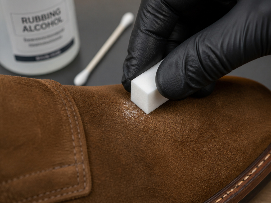 Removing sticky residue from suede shoes with a specialized eraser