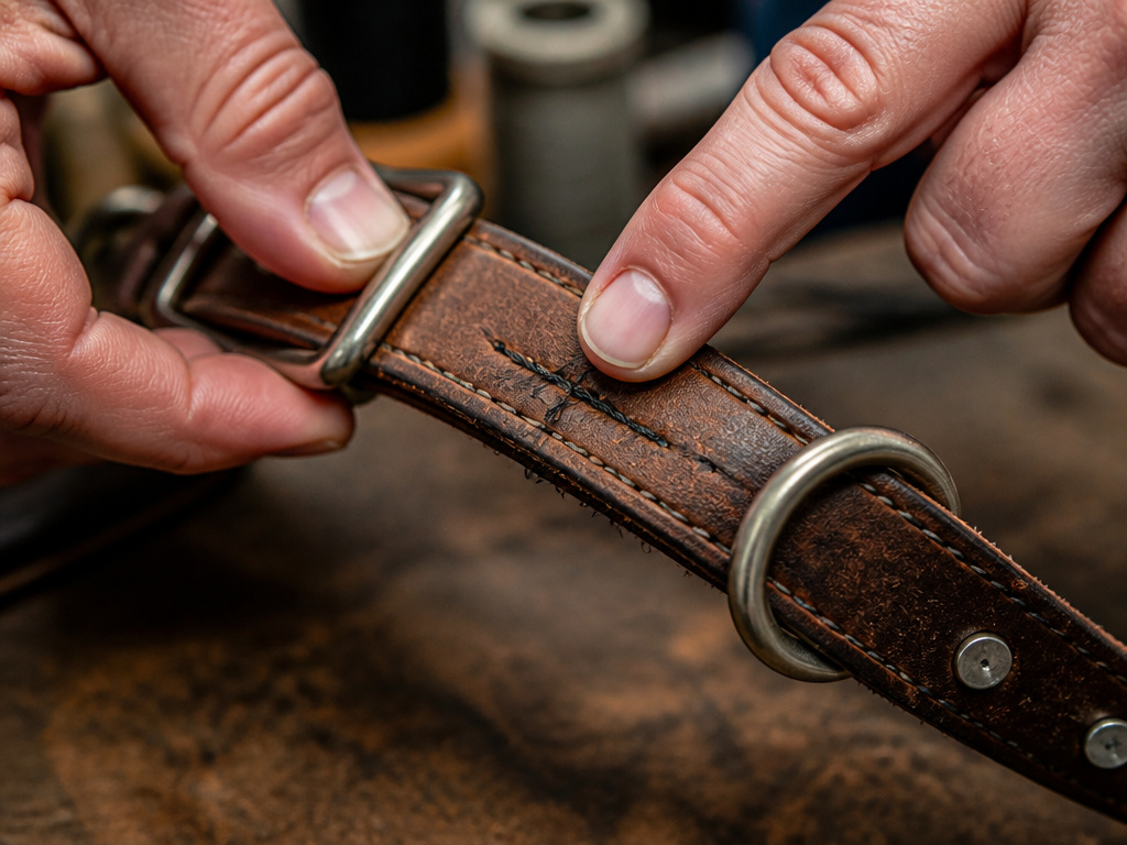 Close-up inspection of frayed stitching on a brown leather dog collar.