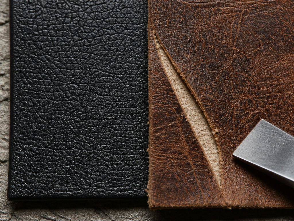 Close-up comparison of scratched genuine leather and pristine PU leather durability