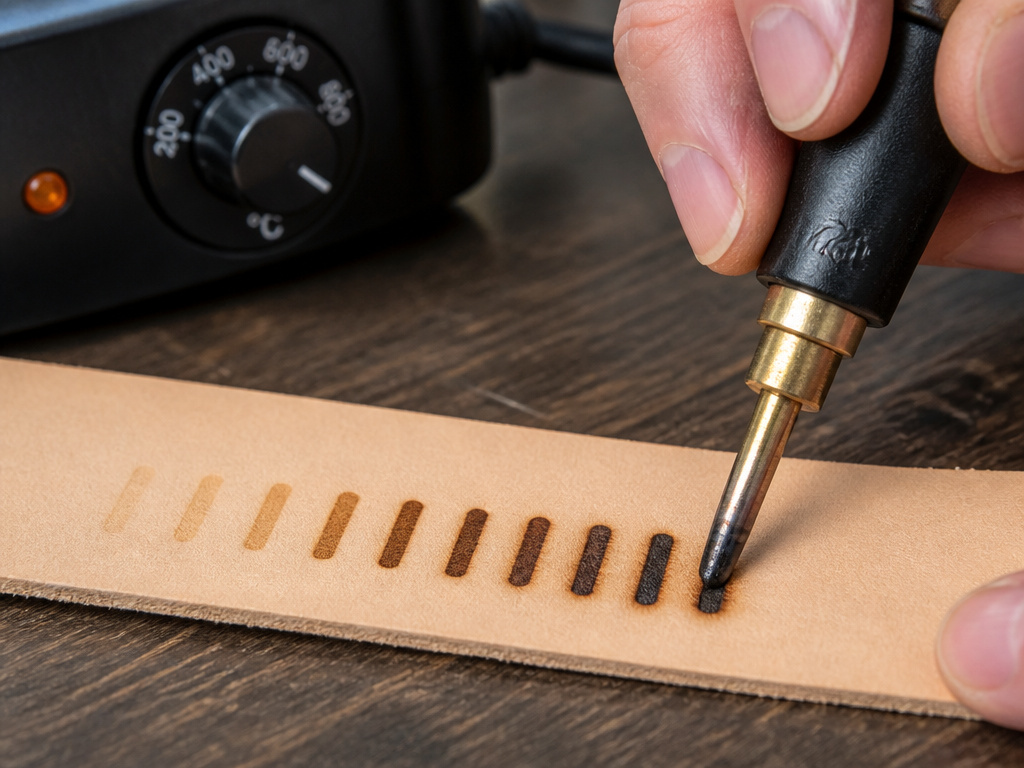 Leather burning tool creating test lines at different temperatures on leather scrap.