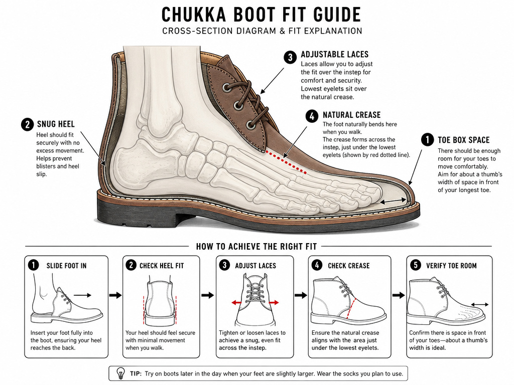 Diagram showing proper chukka boot fit, highlighting instep crease and key contact points.
