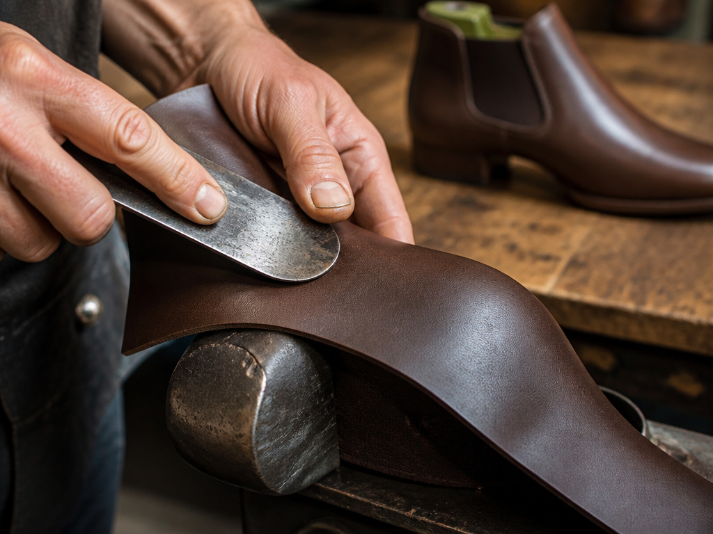 Artisan shaping Chelsea boot leather on a metal blocking blade
