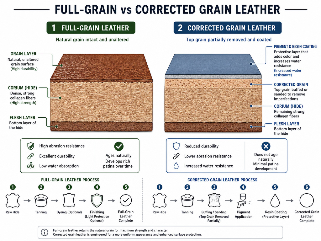 Diagram comparing full-grain and corrected grain leather structure after buffing.