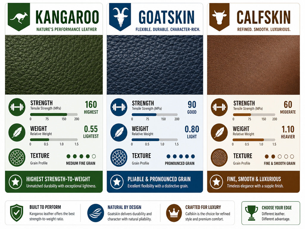 Kangaroo leather compared to goatskin and calfskin in an infographic.