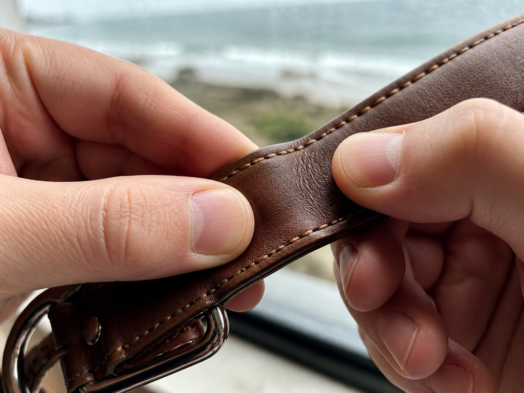 Close-up of hands checking leather dog collar dryness with the pinch test.