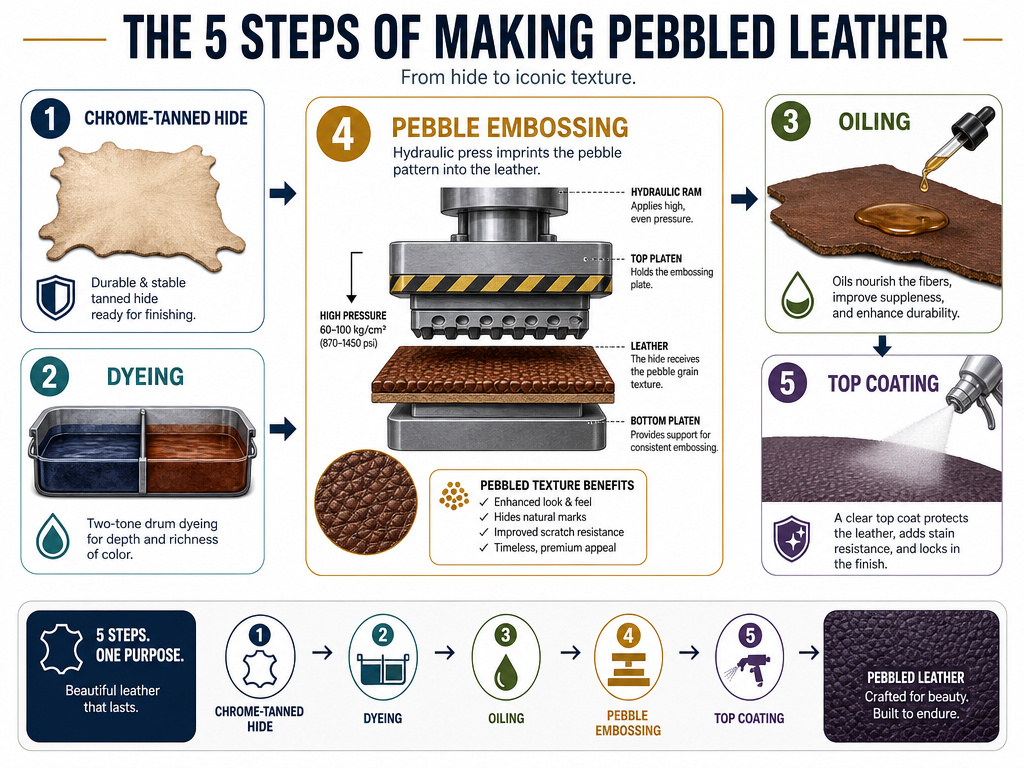 Five-step infographic of the pebbled leather manufacturing process from tanning to finishing.