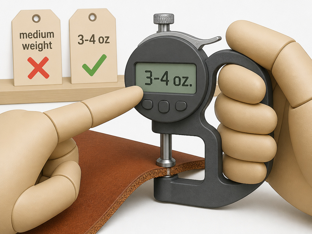 Leather buyer checking thickness gauge reading in ounces for correct weight