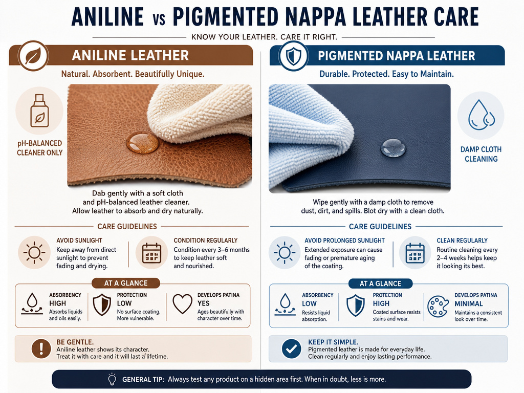 Infographic comparing care steps for aniline versus pigmented nappa leather.