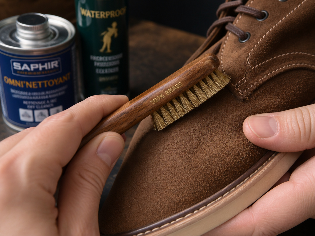 Close-up of brushing roughout leather boots with a stiff bristle brush for care
