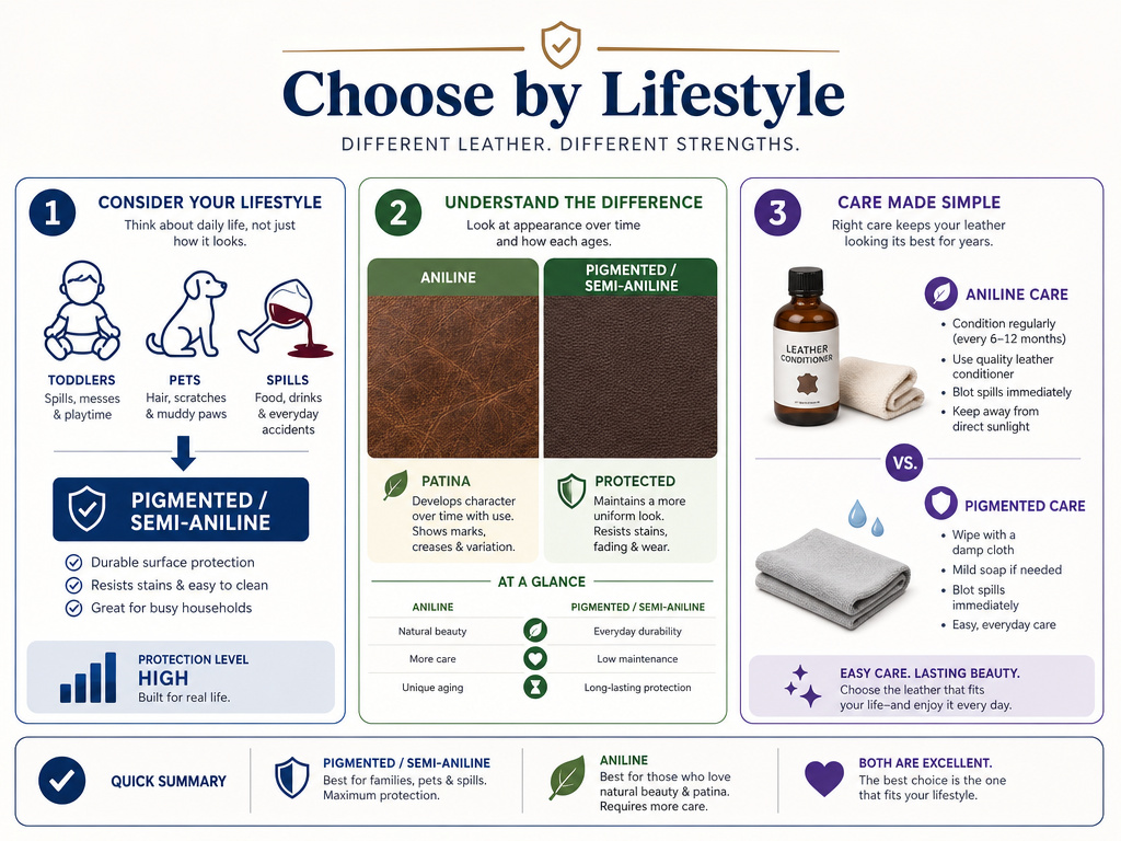 Infographic on choosing between aniline or pigmented leather for sofas based on lifestyle.