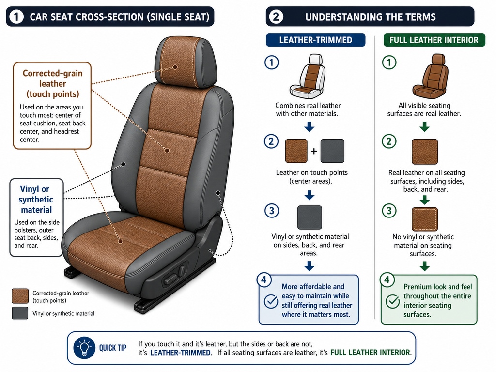 Diagram decoding leather-trimmed versus full leather car seat coverages.