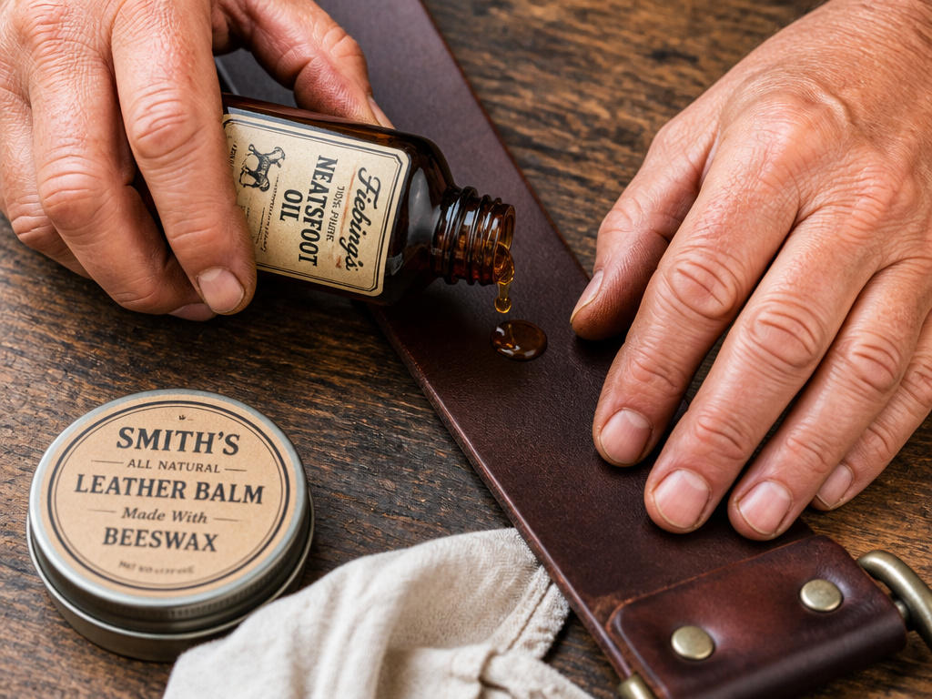 Hands applying neatsfoot oil to a leather belt for conditioning and care.