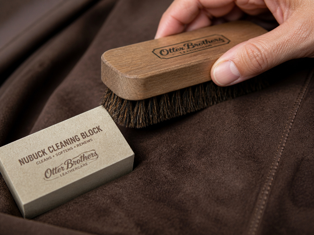 Properly cleaning suede and nubuck leather furniture with a specialized brush.
