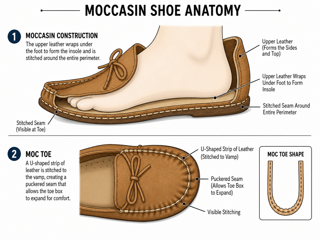Diagram showing moccasin construction and moc toe stitching details.