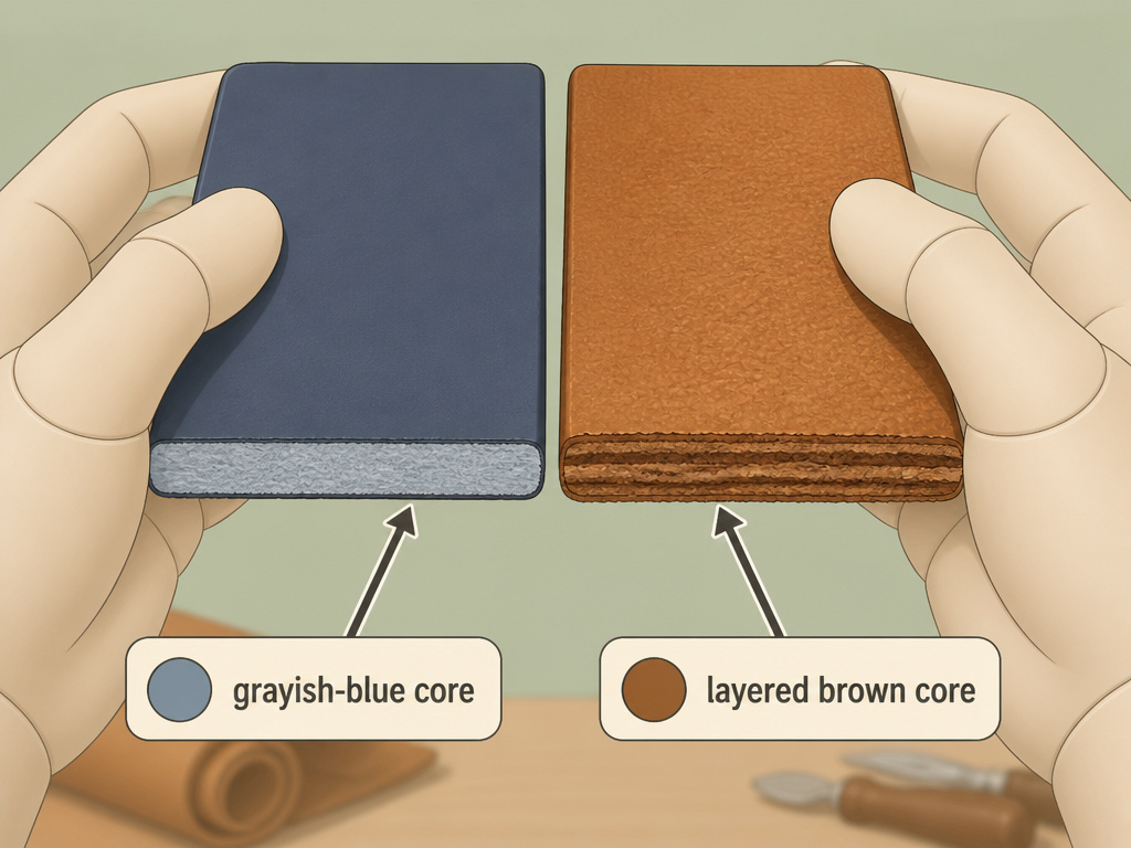 Identifying chrome-tanned leather versus vegetable-tanned by edge and feel comparison