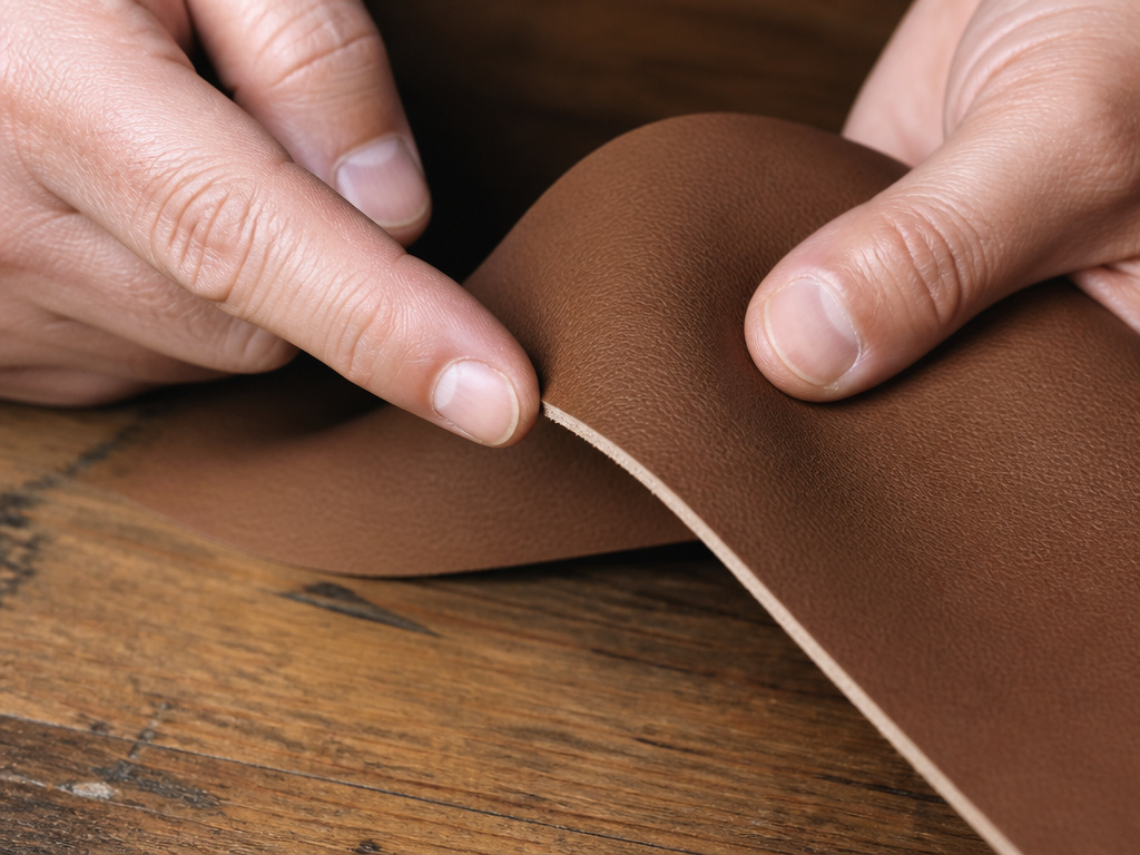 Close-up inspection of corrected grain leather edge and surface texture