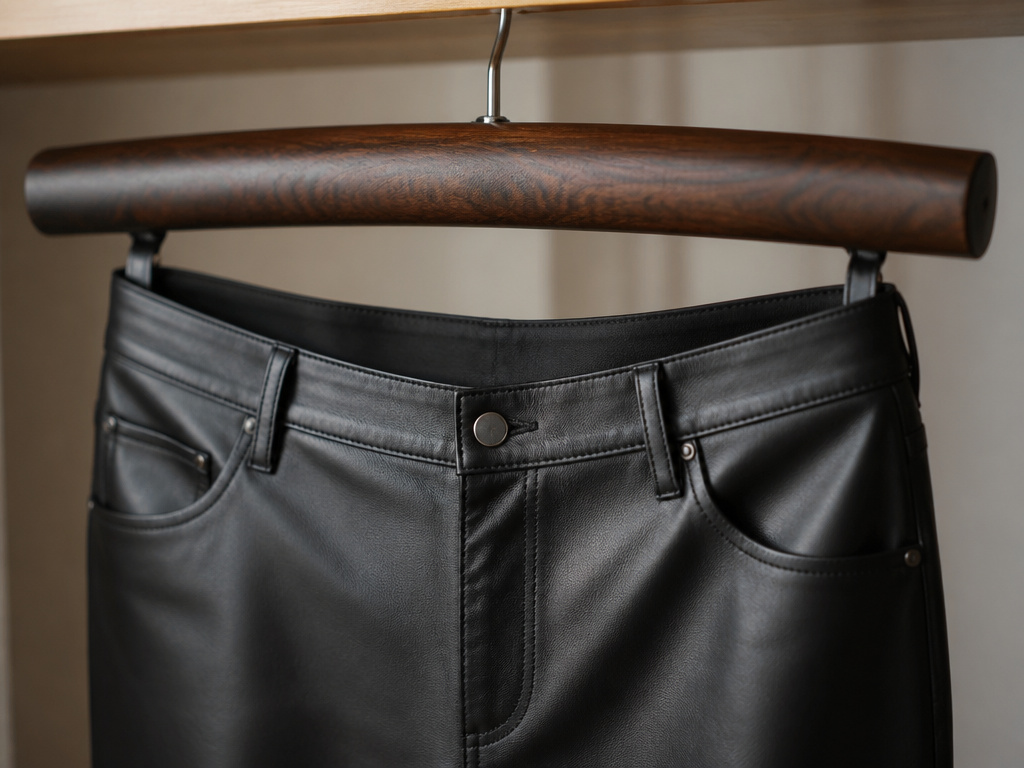 Black leather pants hanging on a wide padded hanger for proper storage.