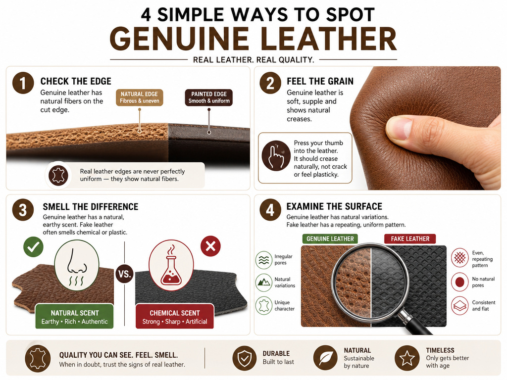 Four tests to judge cowhide leather quality: edge, thumb press, smell, and pore check.