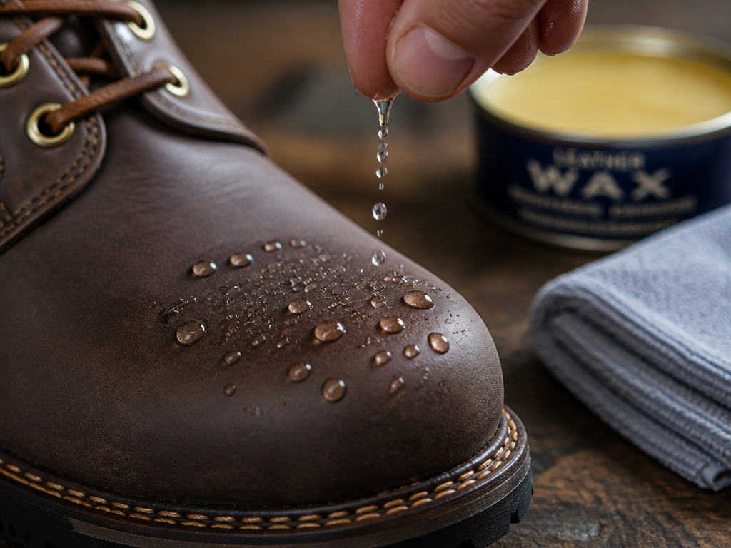 Water beading test on a leather boot to check waterproofing effectiveness