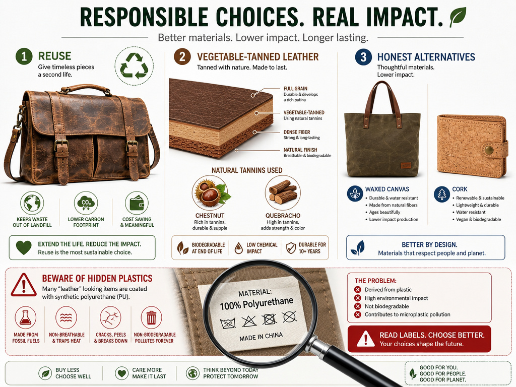 Infographic comparing sustainable leather and vegan leather alternatives for responsible shopping.