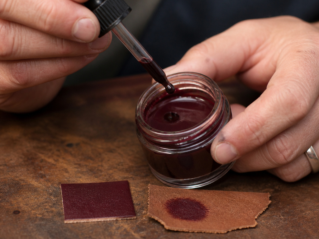 Close-up of custom mixing leather dye drop by drop for color matching
