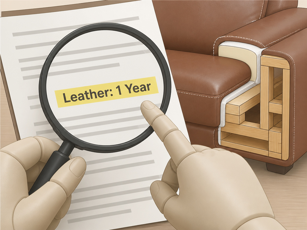 Close-up of a warranty document being inspected for leather furniture coverage details.
