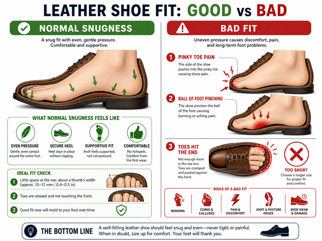 Infographic comparing normal snugness versus bad fit in leather shoes.