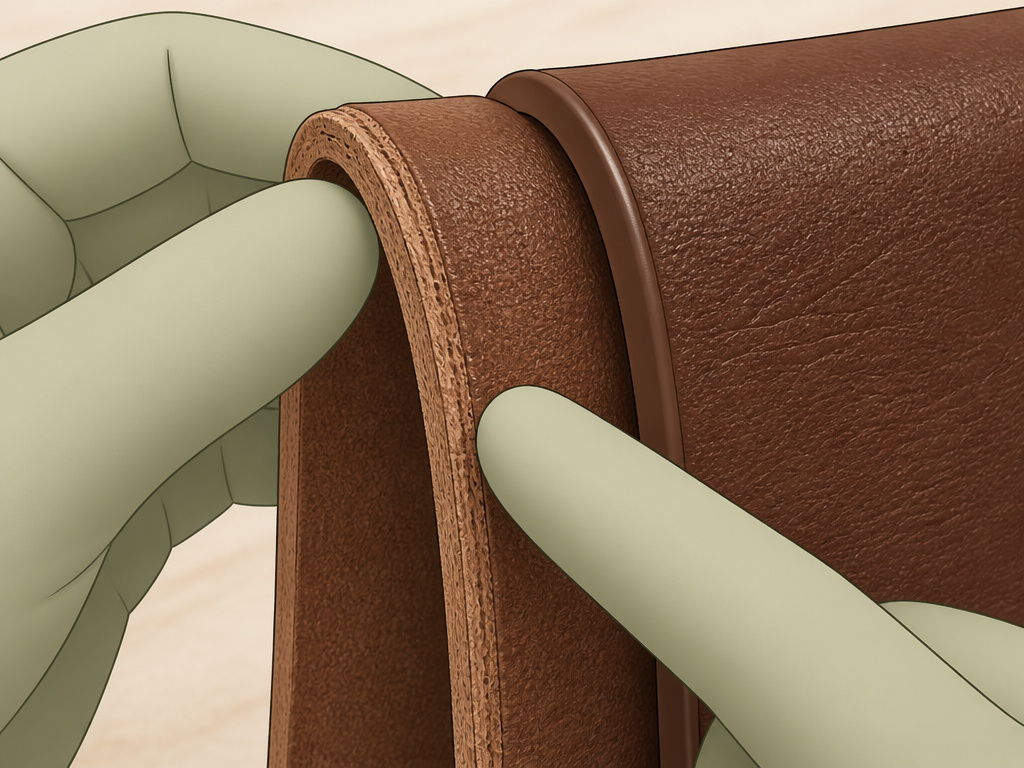 Cartoon guide comparing rough vs smooth leather edges to spot quality genuine leather.