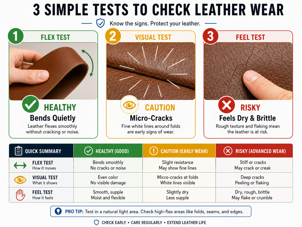 Infographic showing three simple tests for checking leather's health and risk of cracking.