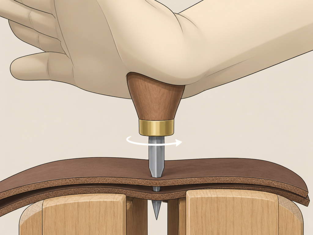 Close-up of a hand using a leather awl with a push-twist-pull technique on leather.