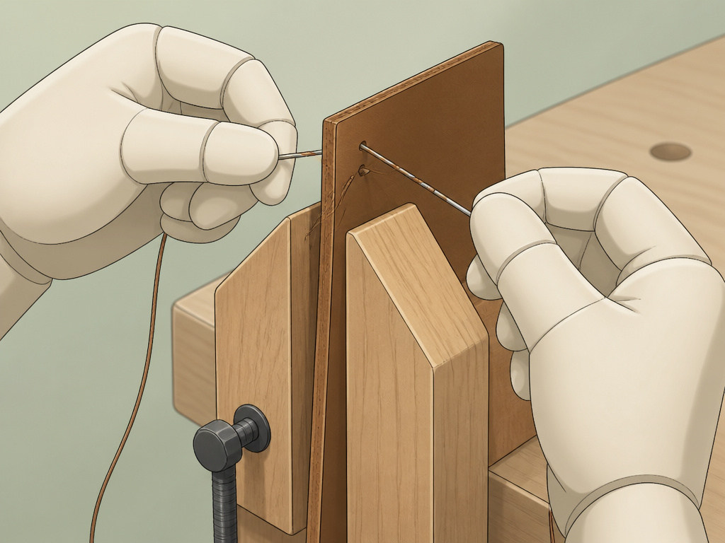 Close-up of hands saddle stitching leather secured in a stitching pony clamp.