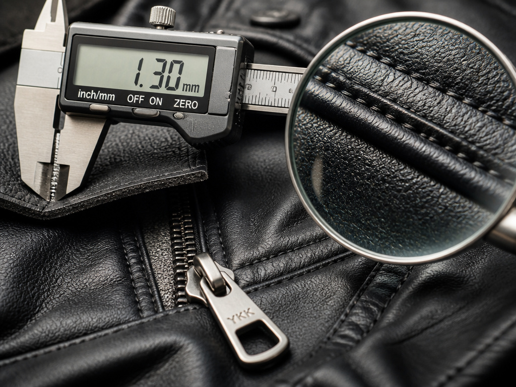 Close-up details of cafe racer jacket leather thickness, stitching, and zipper quality.