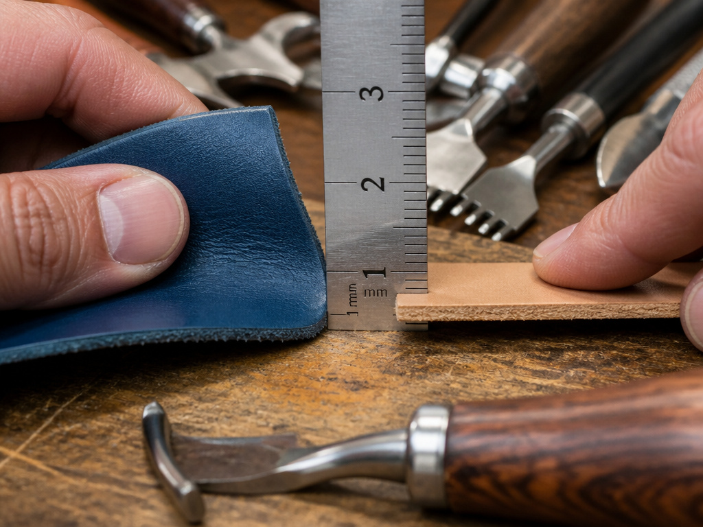 Comparing chrome-tanned and vegetable-tanned leather thickness and texture for a project.
