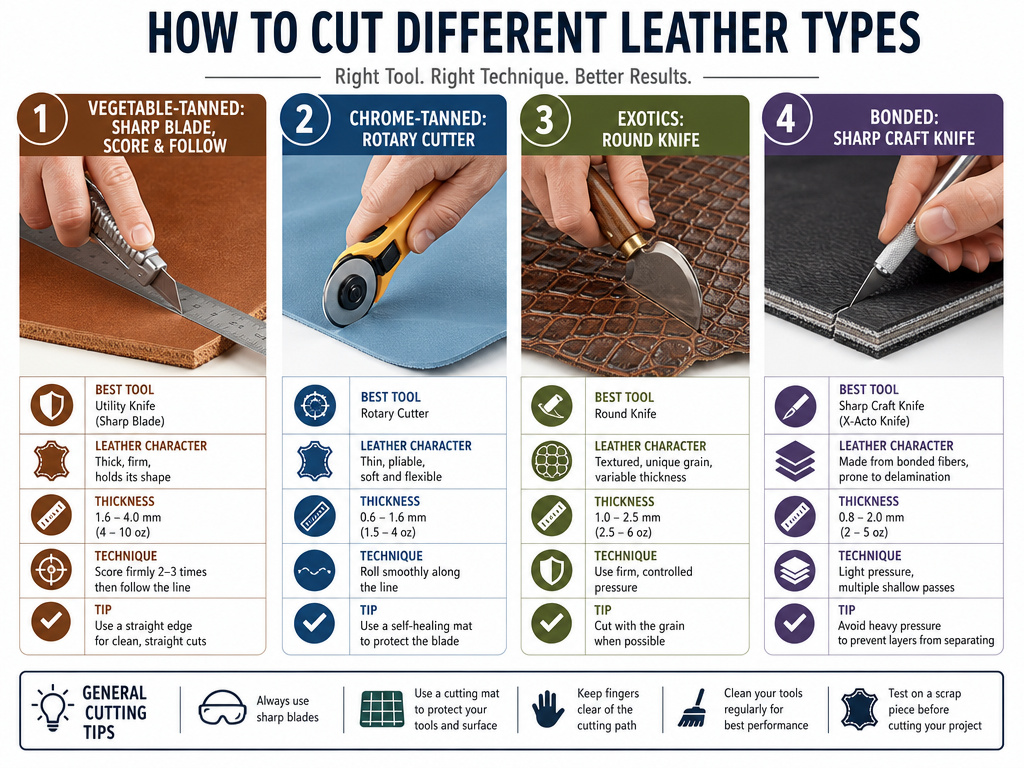 Infographic comparing cutting tools and techniques for four different leather types.