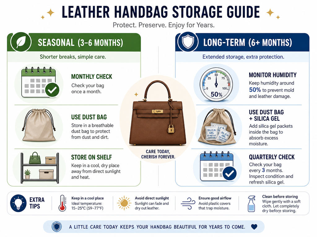 Infographic comparing seasonal and long-term leather bag storage methods and timelines.