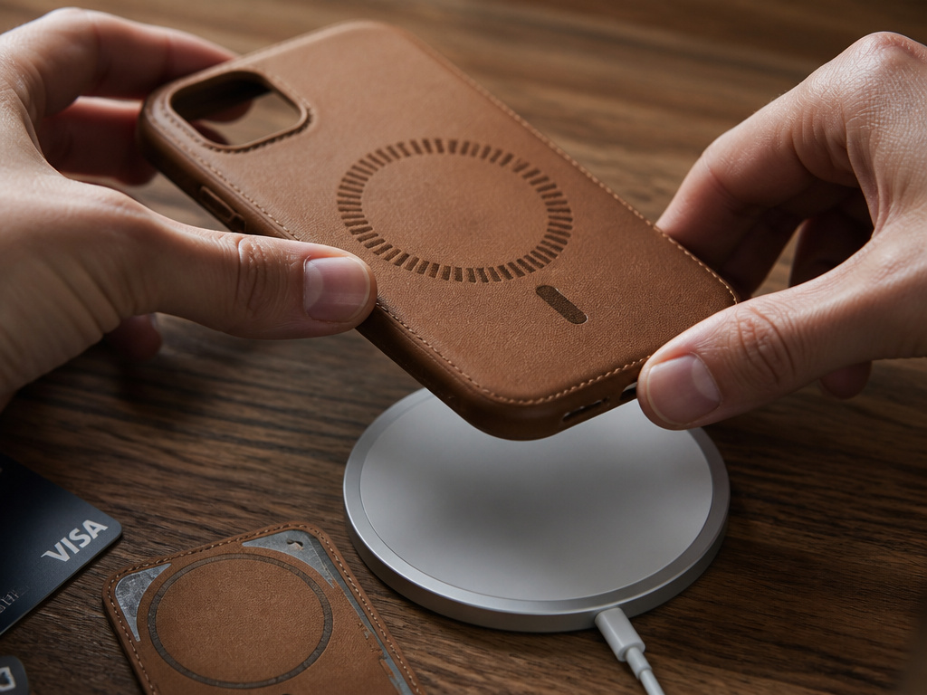 Close-up of a leather phone case aligning with a MagSafe wireless charger