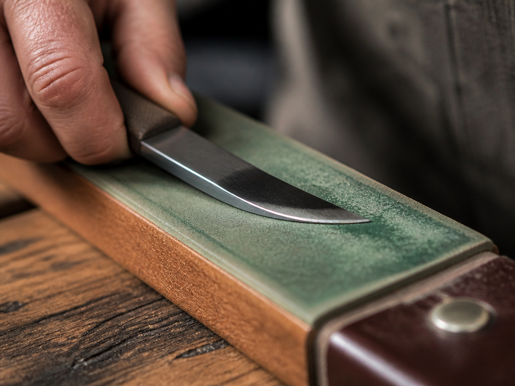 Skiving knife being stropped on a leather strop to maintain a sharp edge.