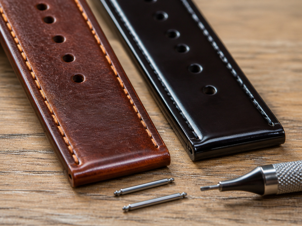 Comparing vegetable-tanned and shell cordovan leather watch strap materials and edges.