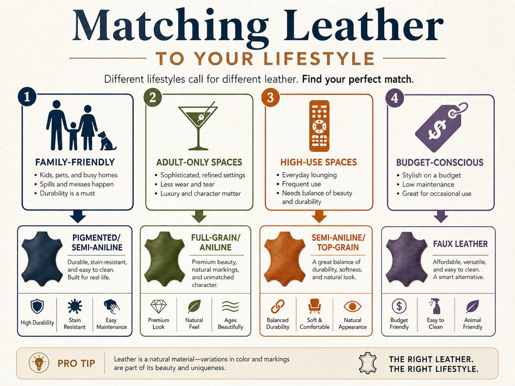 Infographic matching leather sofa types to different household lifestyles and needs.