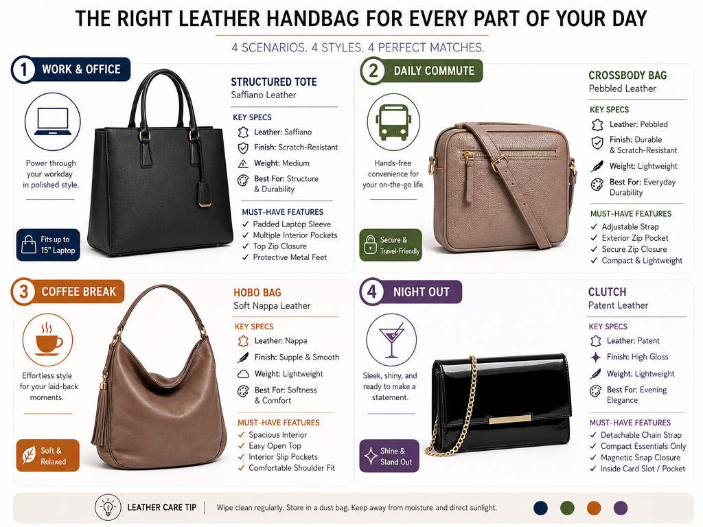 Decision framework infographic matching leather handbag types to daily lifestyles and needs.
