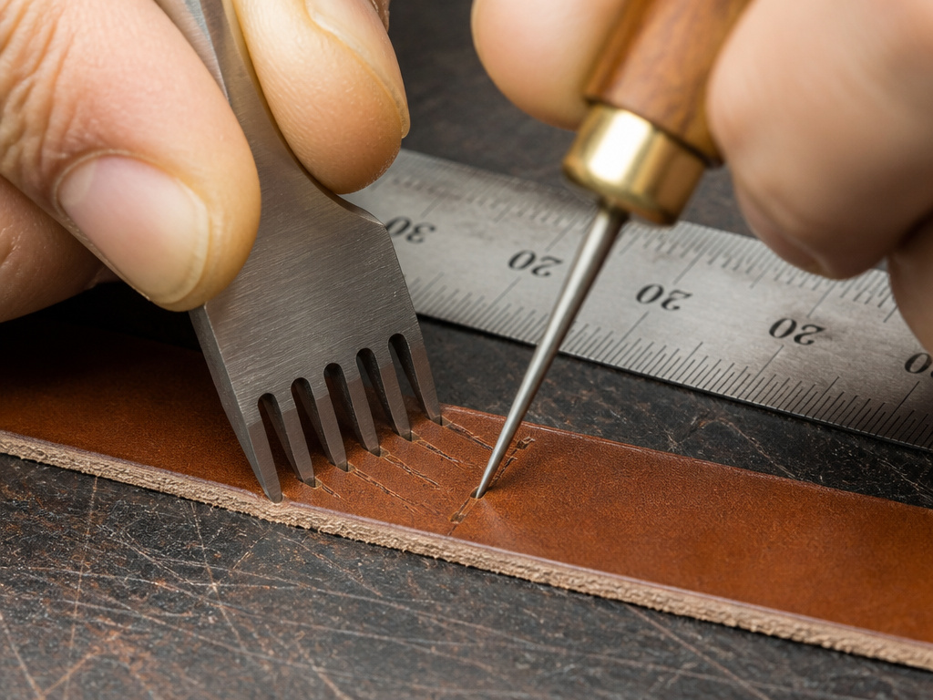 Matching a narrow leather awl blade to a pricking iron's tooth width.
