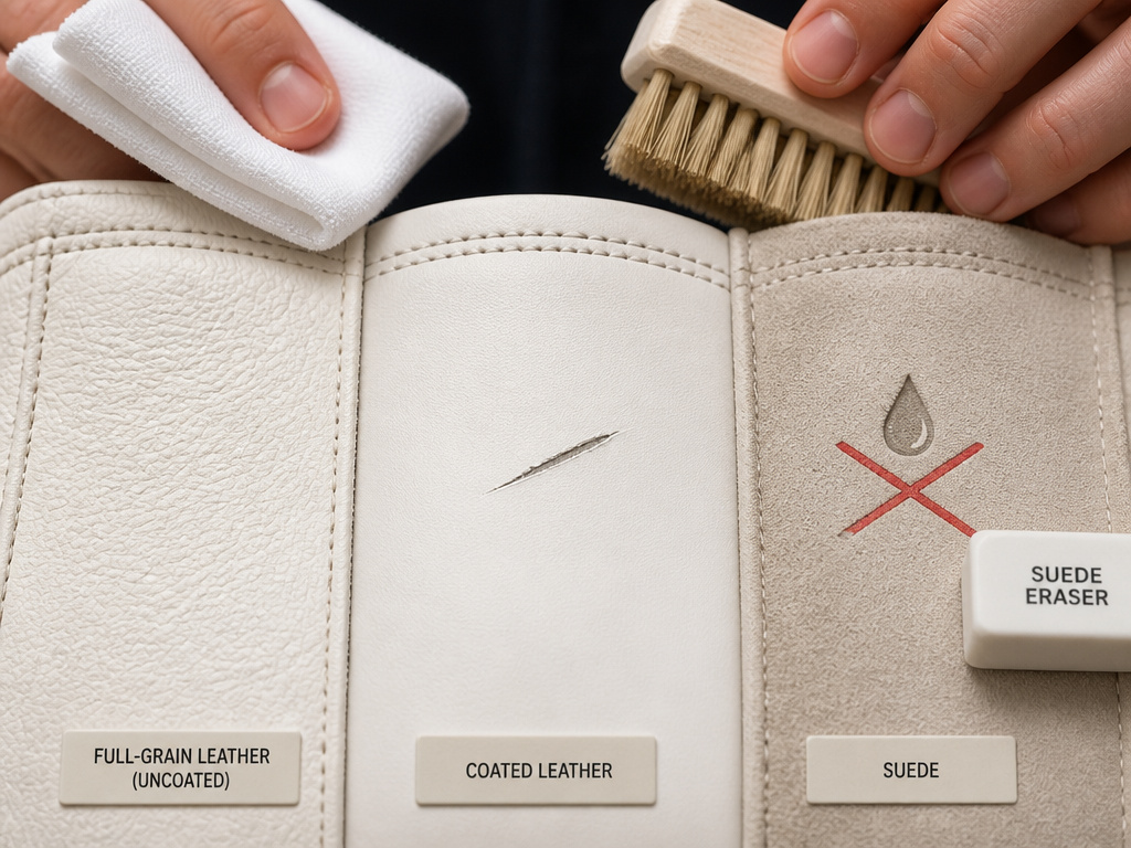 Three types of white leather sneaker material comparison for proper cleaning