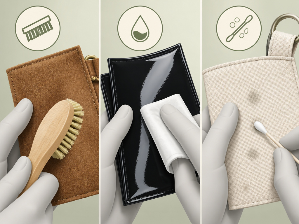 How to clean suede, patent leather, and canvas bag materials with specific tools.