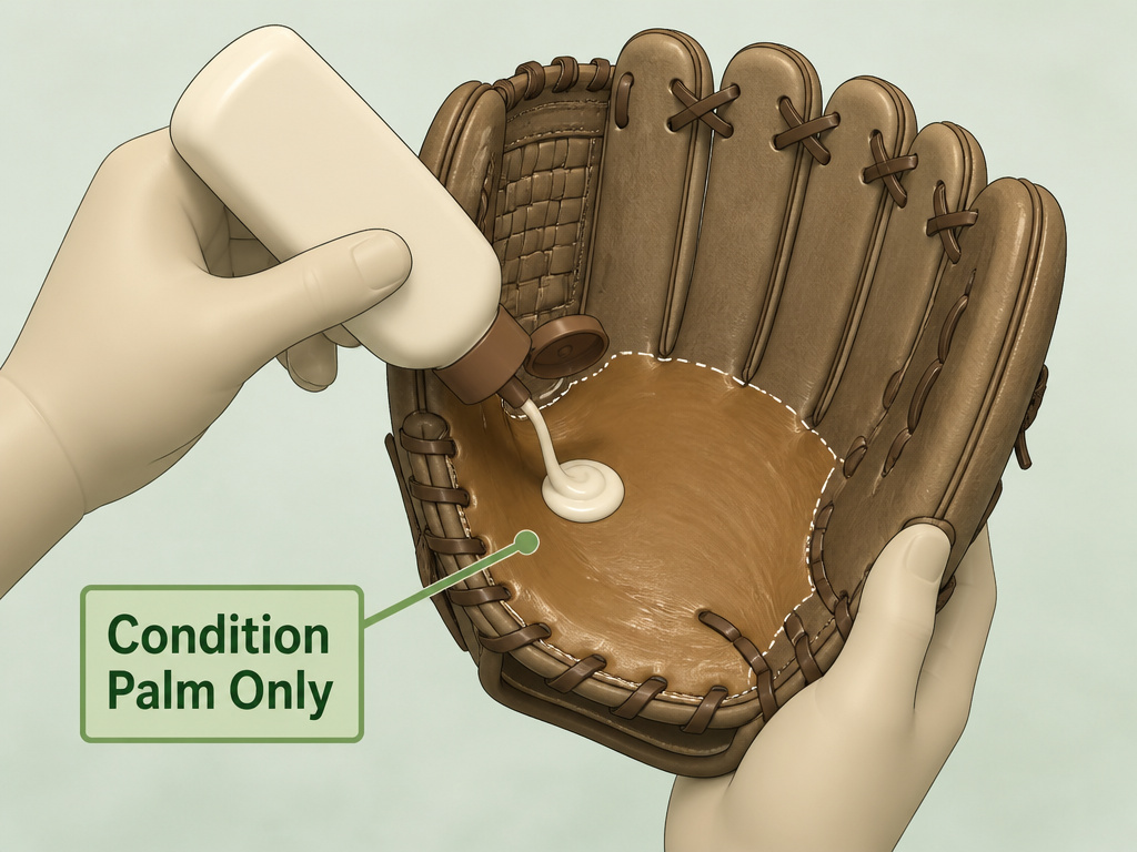 Cartoon diagram showing how to condition only the palm of a specific baseball glove model.
