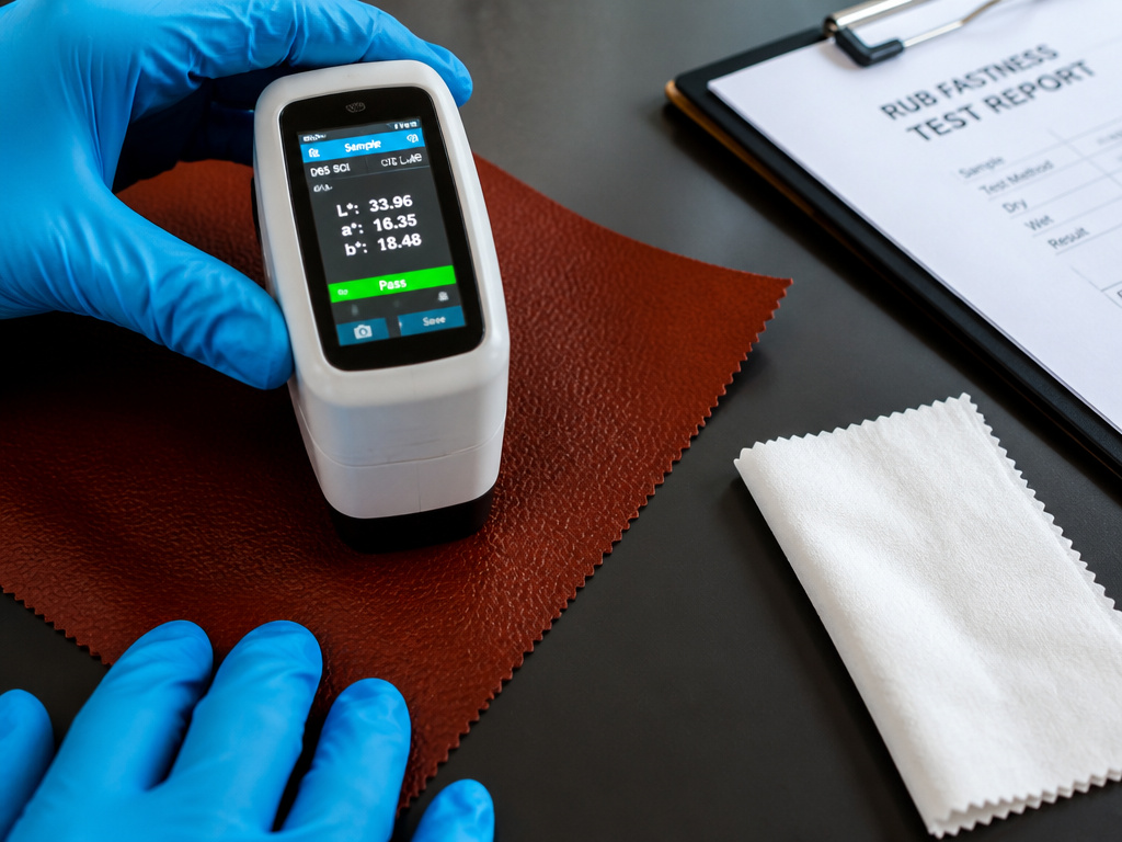 Modern leather color testing with a colorimeter and rub-fastness cloth