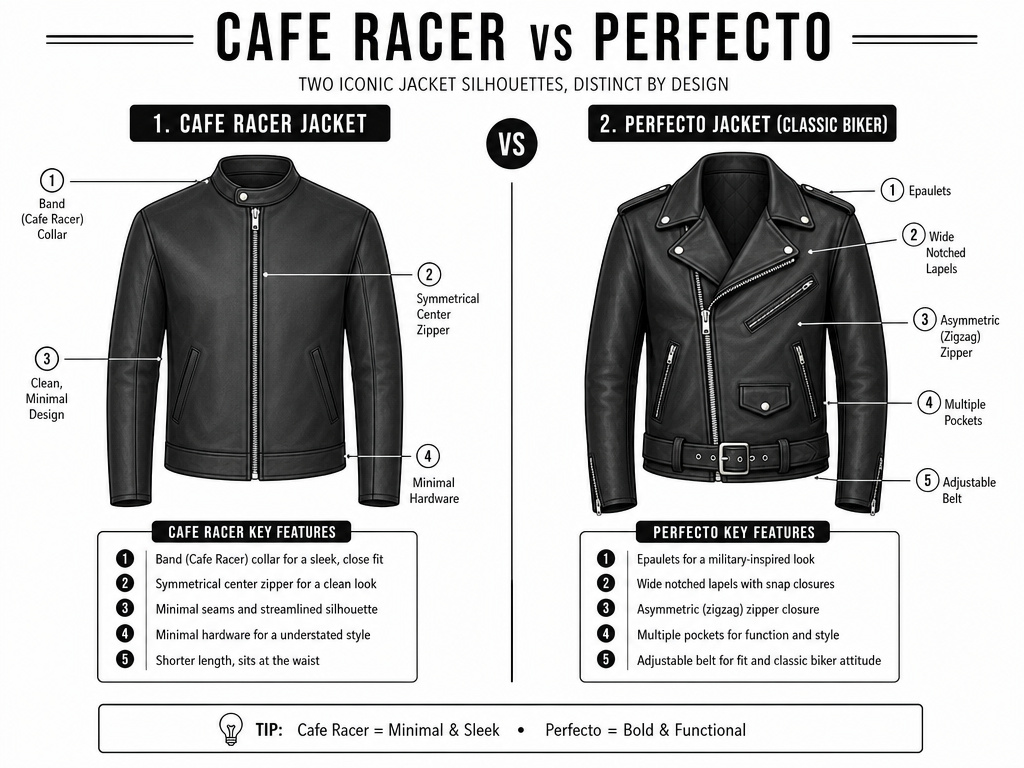 Diagram comparing a minimalist moto jacket to a classic biker jacket silhouette.