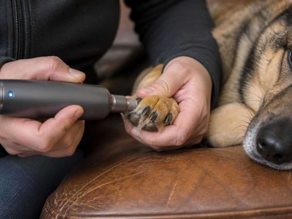 Close-up of grinding a dog's nails while on a leather sofa for protection